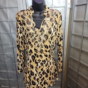 V Cristina small leapord long sleeve top with metal embellishments and lace.